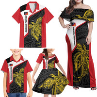 Personalised PNG Sandaun Province Family Matching Off Shoulder Maxi Dress and Hawaiian Shirt Bird of Paradise Tattoo Flag Motif - Polynesian Pride