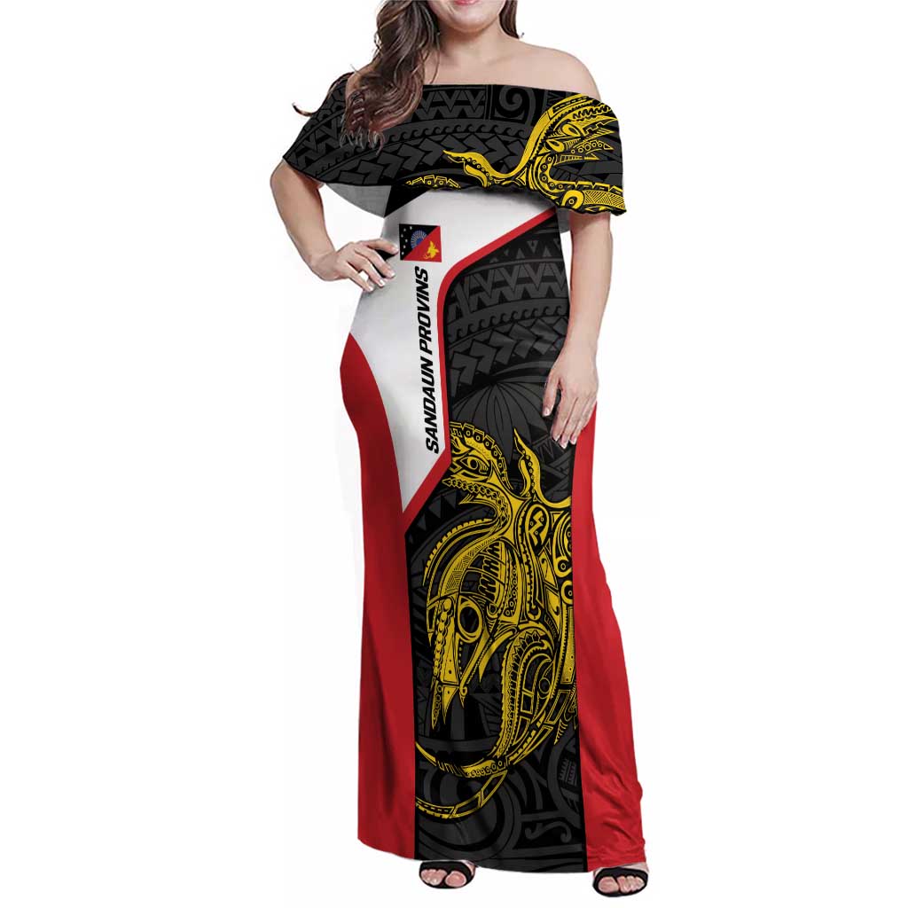 Personalised PNG Sandaun Province Family Matching Off Shoulder Maxi Dress and Hawaiian Shirt Bird of Paradise Tattoo Flag Motif - Polynesian Pride