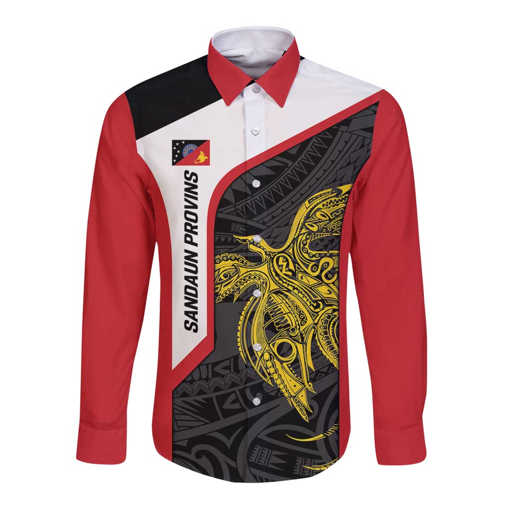 Personalised PNG Sandaun Province Long Sleeve Button Shirt Bird of Paradise Tattoo Flag Motif - Polynesian Pride