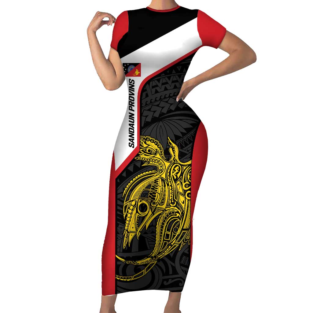 Personalised PNG Sandaun Province Short Sleeve Bodycon Dress Bird of Paradise Tattoo Flag Motif LT9 Long Dress Red - Polynesian Pride