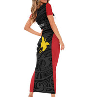 Personalised PNG Sandaun Province Short Sleeve Bodycon Dress Bird of Paradise Tattoo Flag Motif LT9 - Polynesian Pride