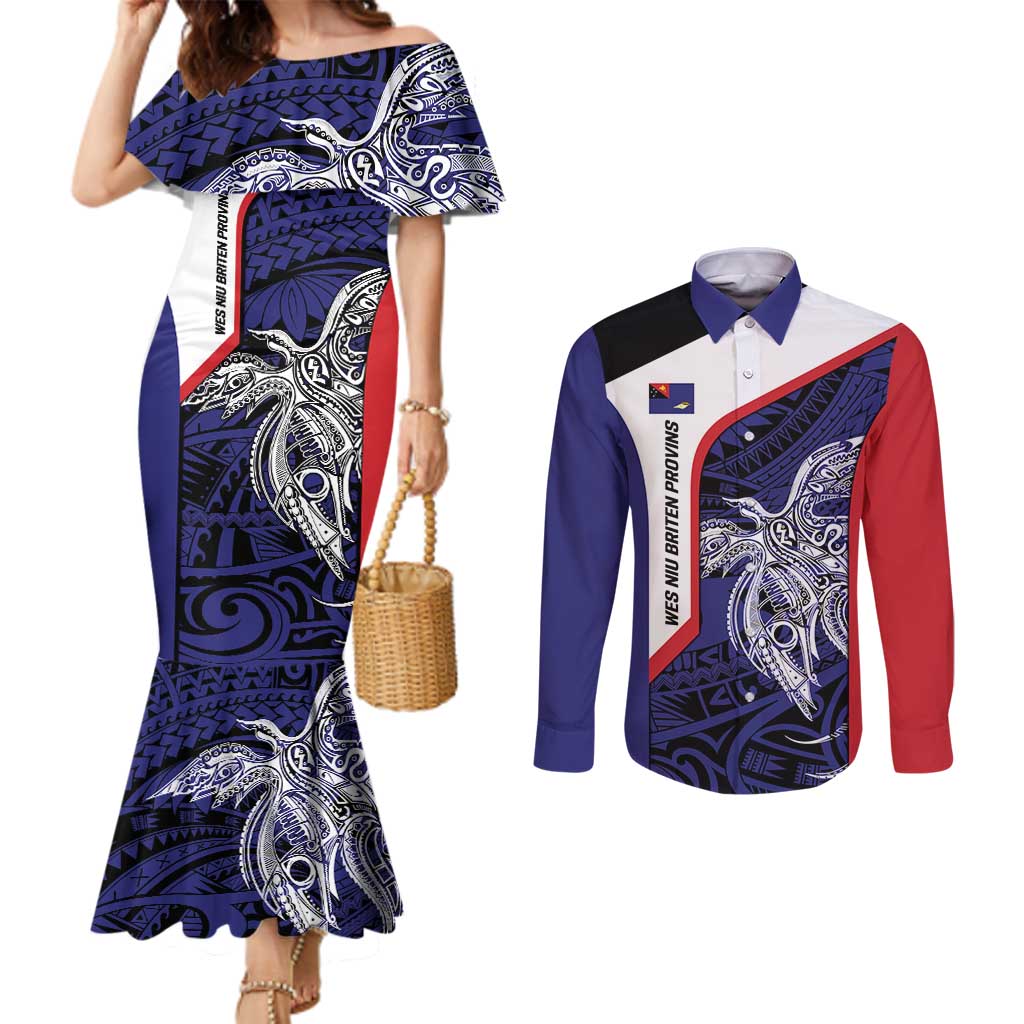 Personalised PNG West New Britain Province Couples Matching Mermaid Dress and Long Sleeve Button Shirt Bird of Paradise Tattoo Flag Motif - Polynesian Pride