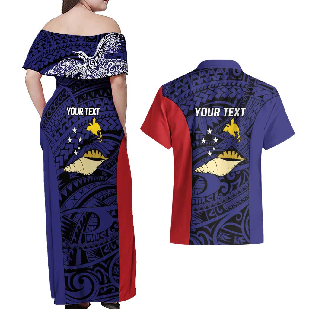 Personalised PNG West New Britain Province Couples Matching Off Shoulder Maxi Dress and Hawaiian Shirt Bird of Paradise Tattoo Flag Motif - Polynesian Pride