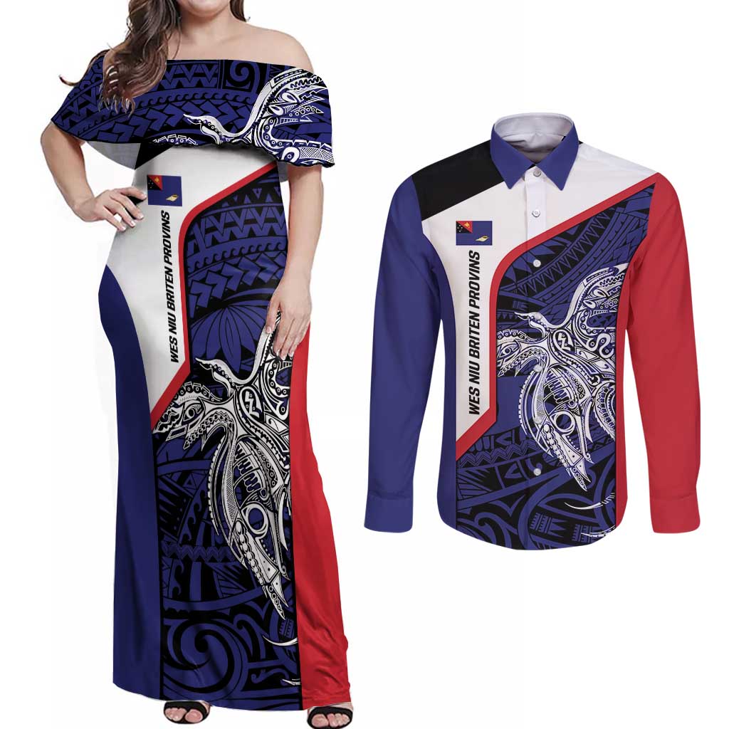 Personalised PNG West New Britain Province Couples Matching Off Shoulder Maxi Dress and Long Sleeve Button Shirt Bird of Paradise Tattoo Flag Motif - Polynesian Pride
