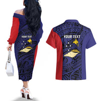 Personalised PNG West New Britain Province Couples Matching Off The Shoulder Long Sleeve Dress and Hawaiian Shirt Bird of Paradise Tattoo Flag Motif LT9 - Polynesian Pride