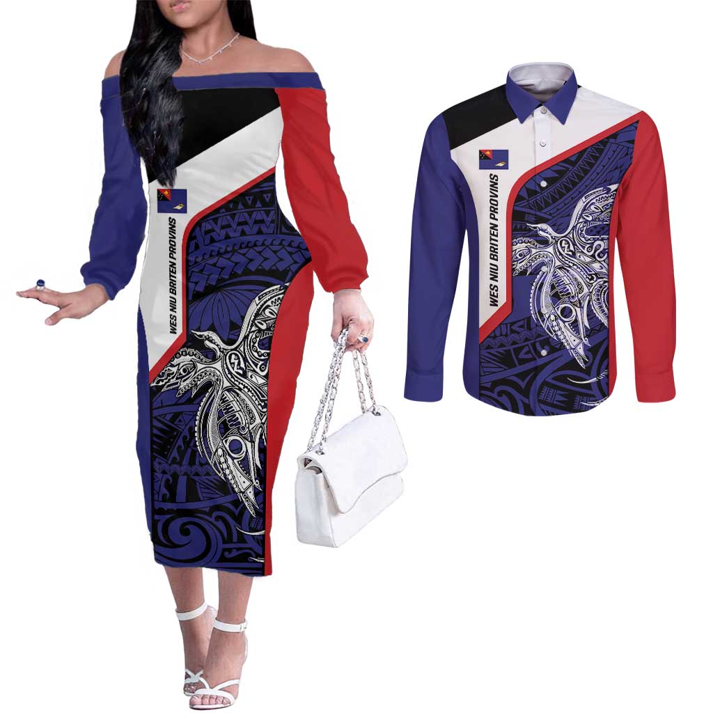 Personalised PNG West New Britain Province Couples Matching Off The Shoulder Long Sleeve Dress and Long Sleeve Button Shirt Bird of Paradise Tattoo Flag Motif - Polynesian Pride