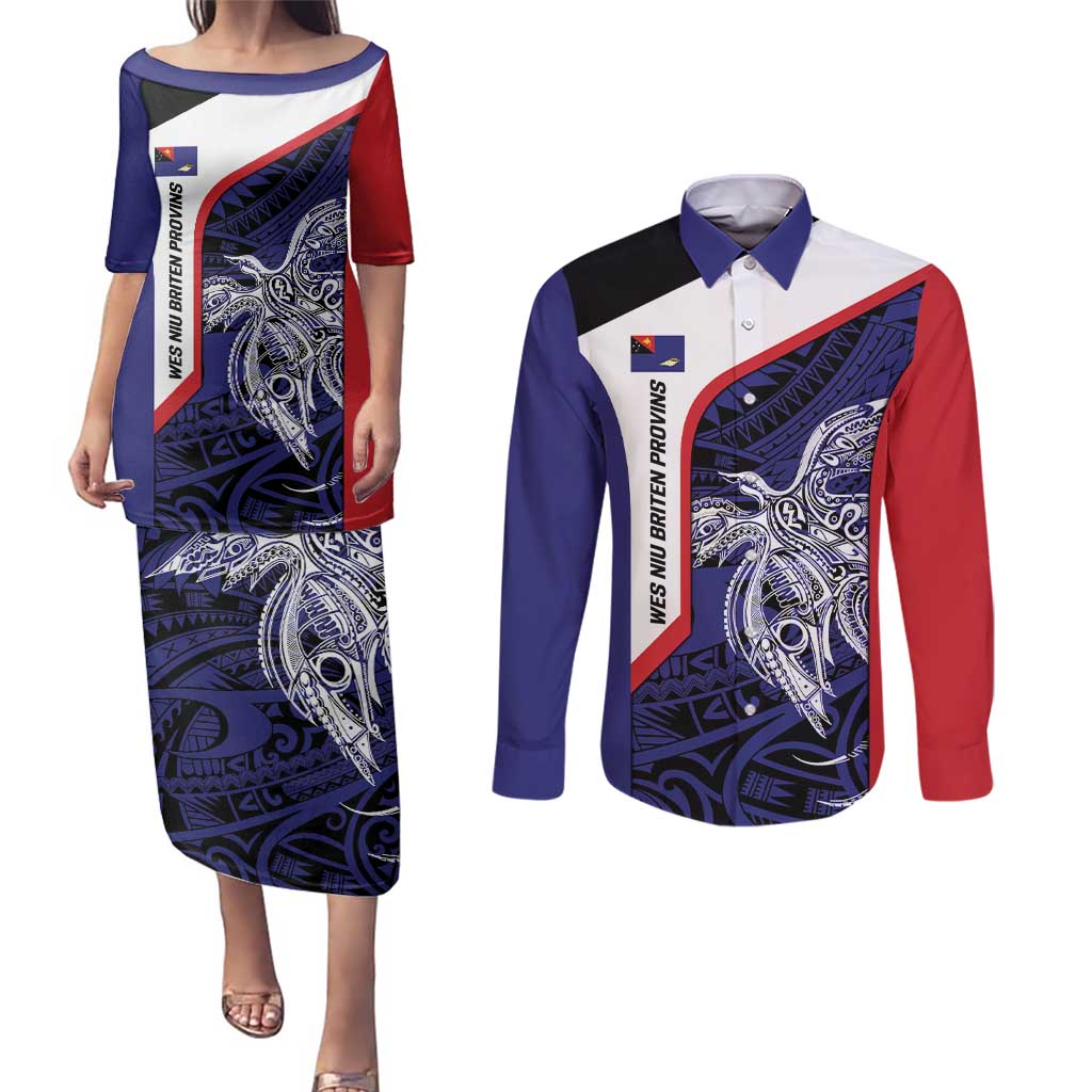 Personalised PNG West New Britain Province Couples Matching Puletasi and Long Sleeve Button Shirt Bird of Paradise Tattoo Flag Motif - Polynesian Pride