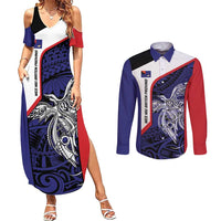 Personalised PNG West New Britain Province Couples Matching Summer Maxi Dress and Long Sleeve Button Shirt Bird of Paradise Tattoo Flag Motif - Polynesian Pride
