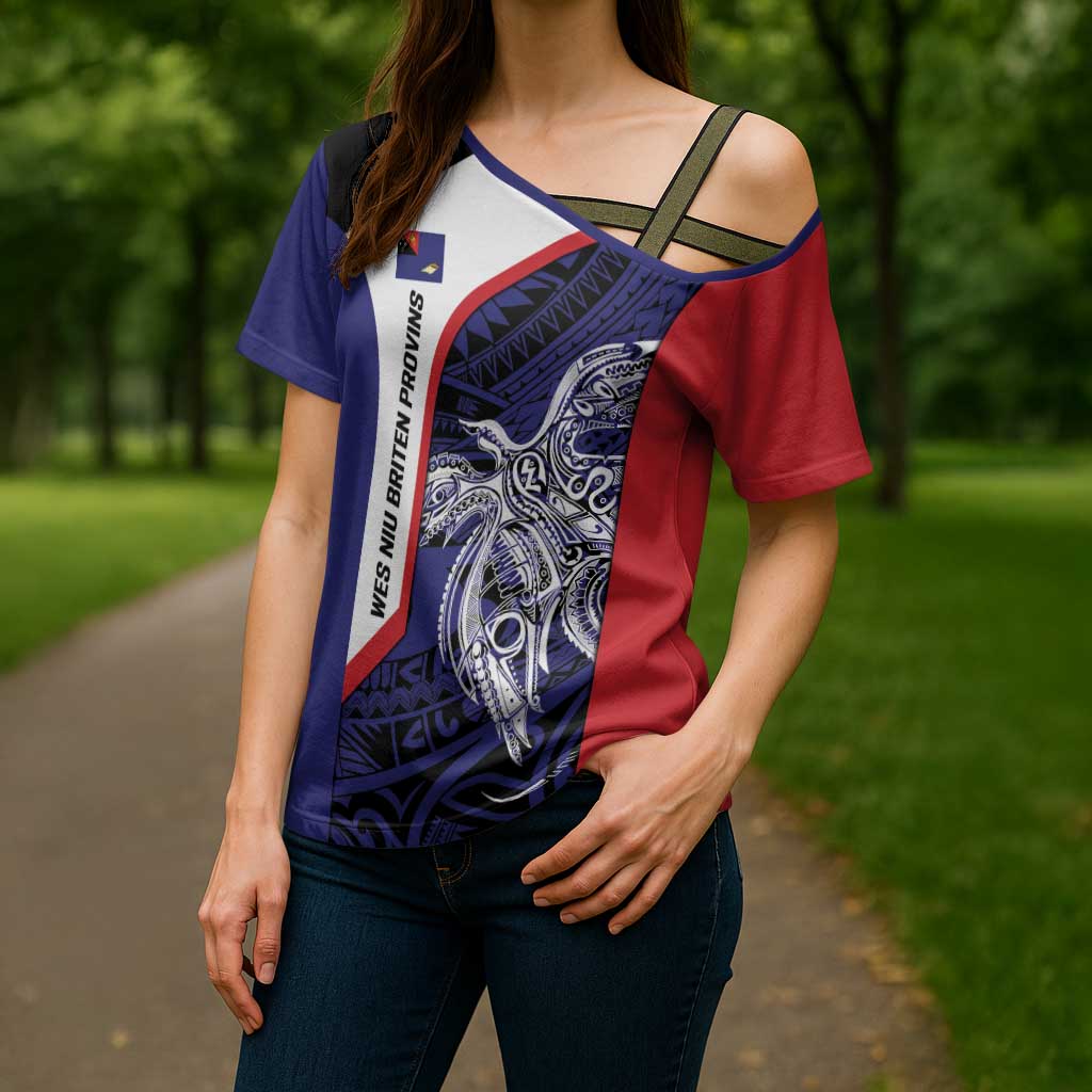 Personalised PNG West New Britain Province Cross Shoulder Shirt Bird of Paradise Tattoo Flag Motif - Polynesian Pride