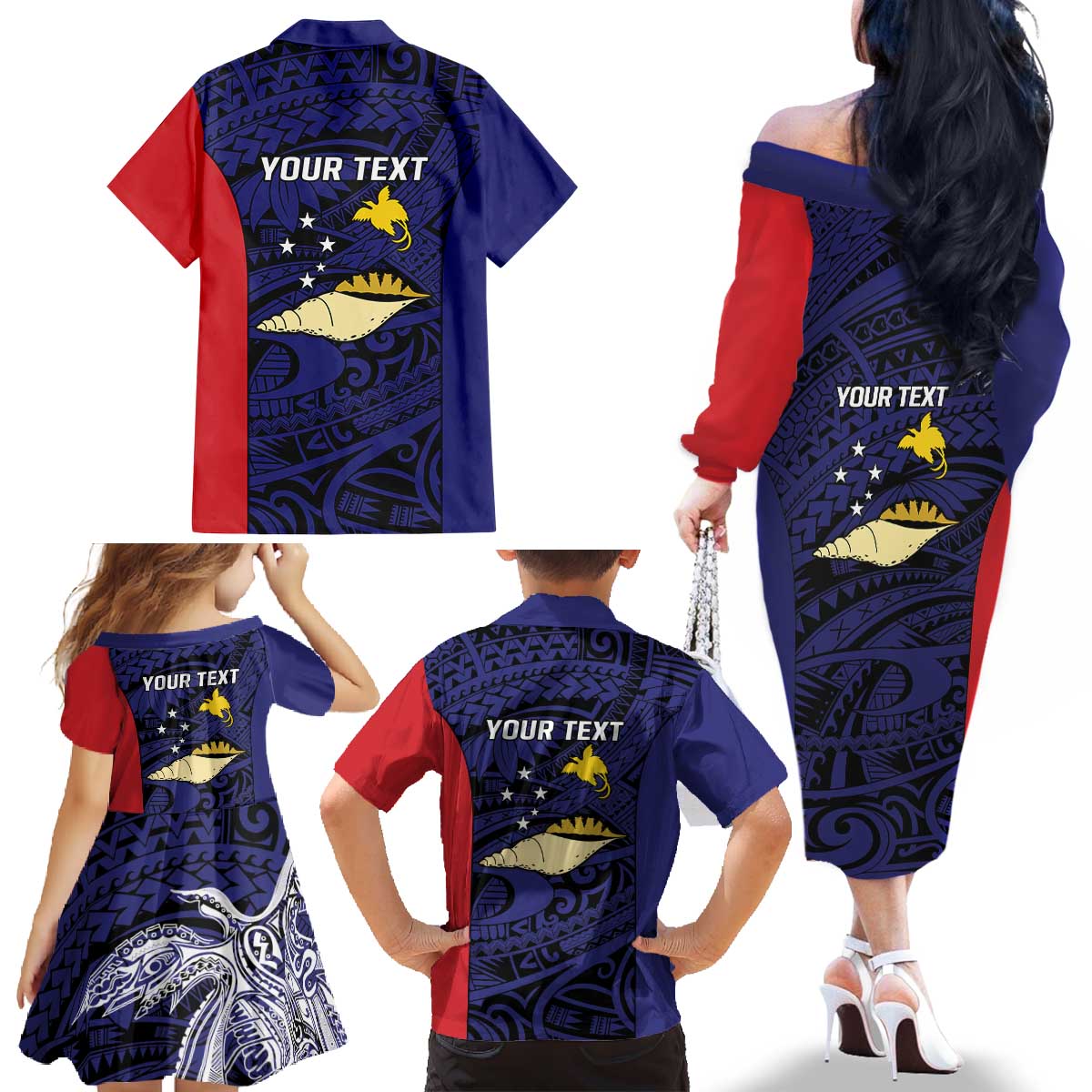 Personalised PNG West New Britain Province Family Matching Off The Shoulder Long Sleeve Dress and Hawaiian Shirt Bird of Paradise Tattoo Flag Motif - Polynesian Pride