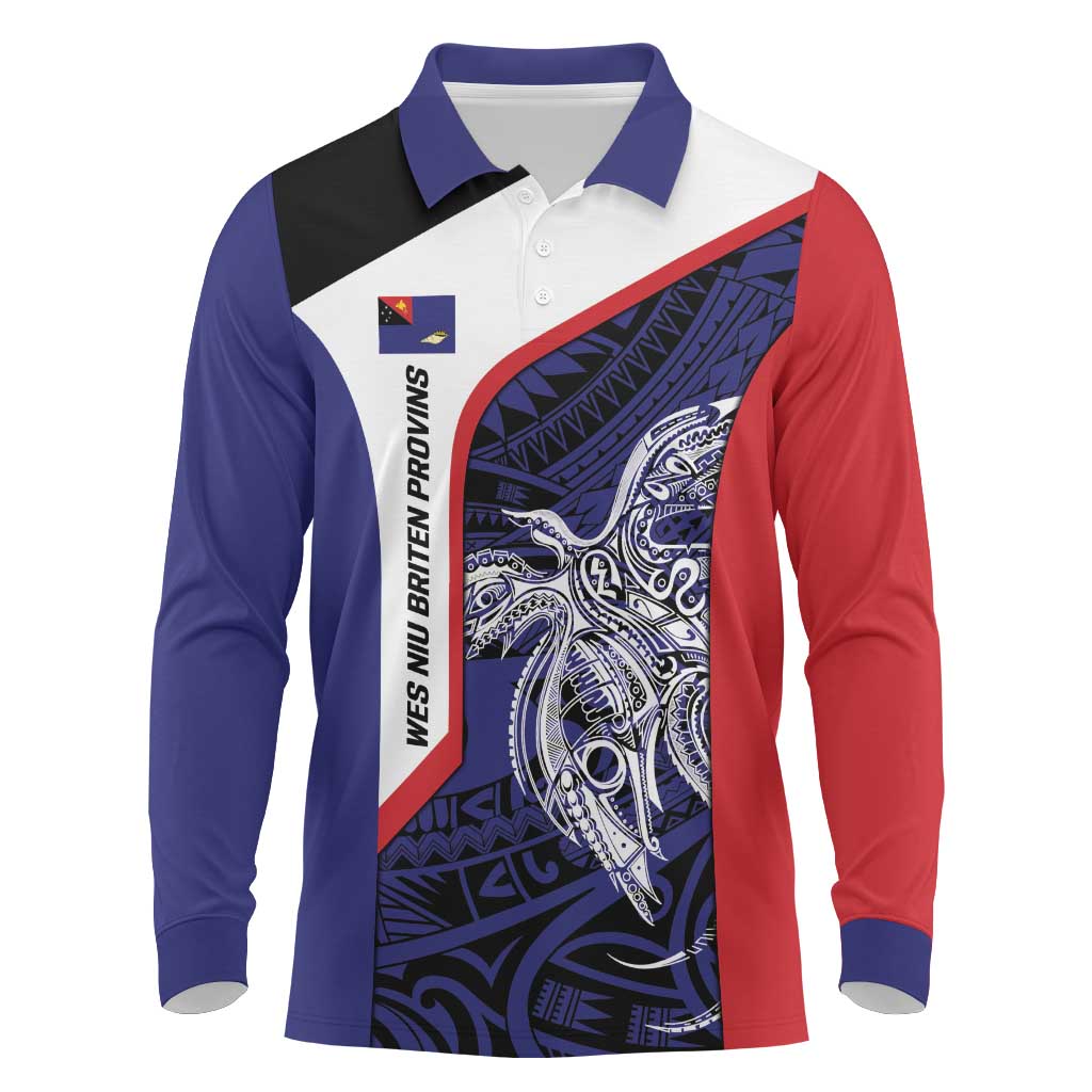 Personalised PNG West New Britain Province Long Sleeve Polo Shirt Bird of Paradise Tattoo Flag Motif - Polynesian Pride