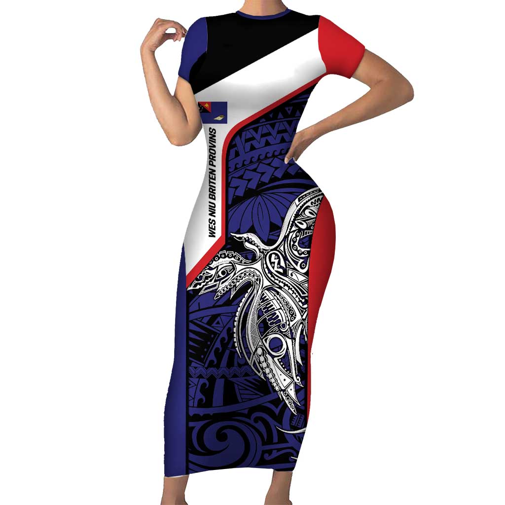 Personalised PNG West New Britain Province Short Sleeve Bodycon Dress Bird of Paradise Tattoo Flag Motif LT9 Long Dress Blue - Polynesian Pride