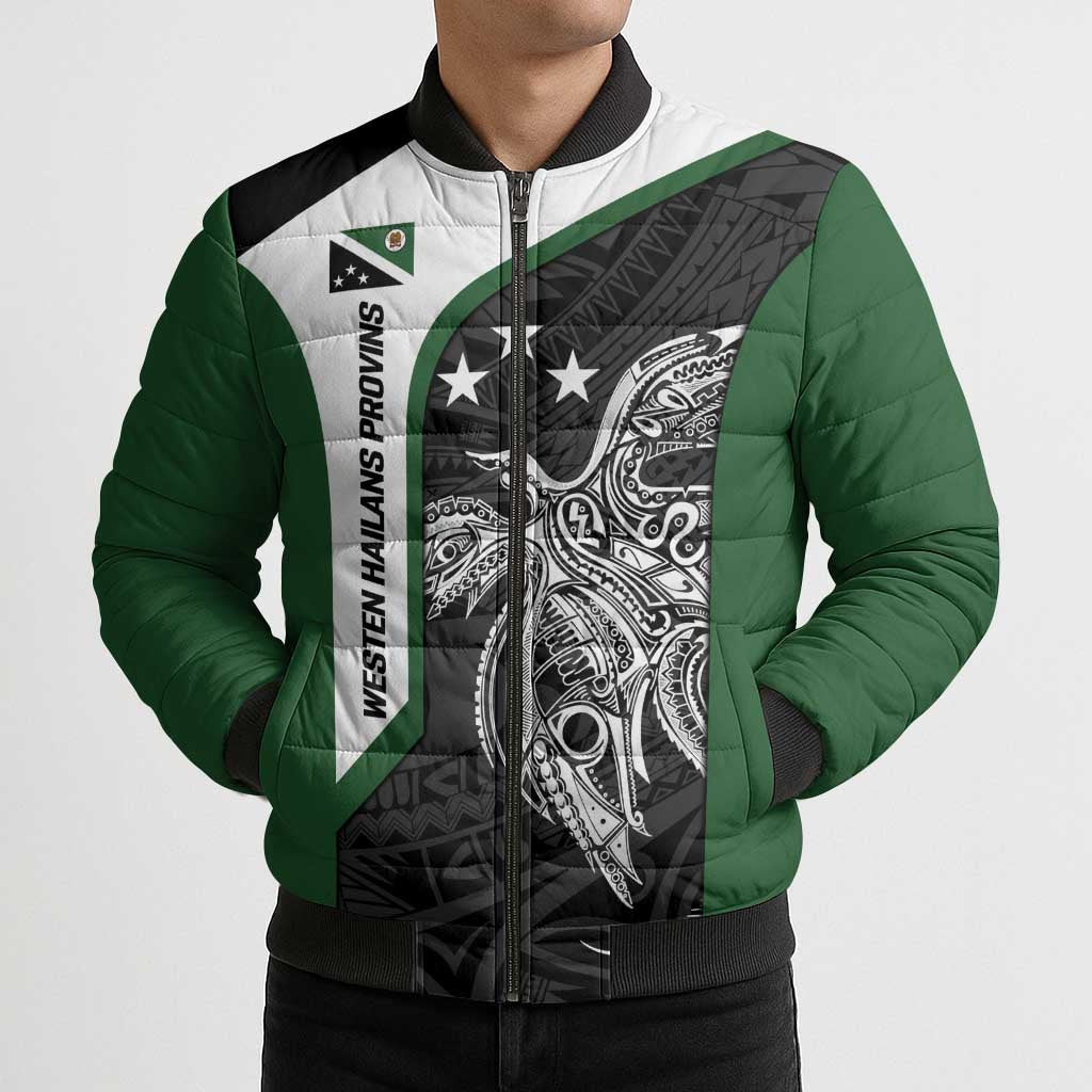 Personalised PNG Western Highlands Province Bomber Puffer Jacket Bird of Paradise Tattoo Flag Motif - Polynesian Pride