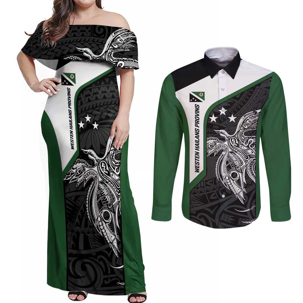 Personalised PNG Western Highlands Province Couples Matching Off Shoulder Maxi Dress and Long Sleeve Button Shirt Bird of Paradise Tattoo Flag Motif - Polynesian Pride