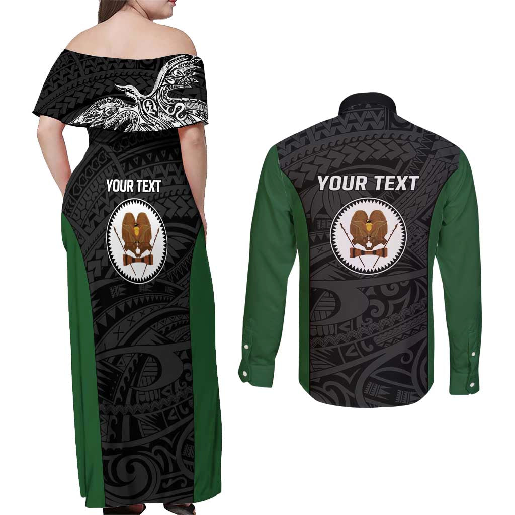 Personalised PNG Western Highlands Province Couples Matching Off Shoulder Maxi Dress and Long Sleeve Button Shirt Bird of Paradise Tattoo Flag Motif - Polynesian Pride