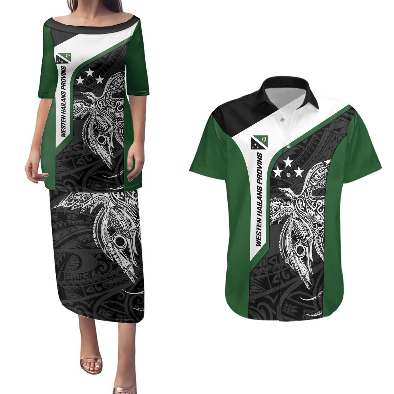 Personalised PNG Western Highlands Province Couples Matching Puletasi and Hawaiian Shirt Bird of Paradise Tattoo Flag Motif - Polynesian Pride