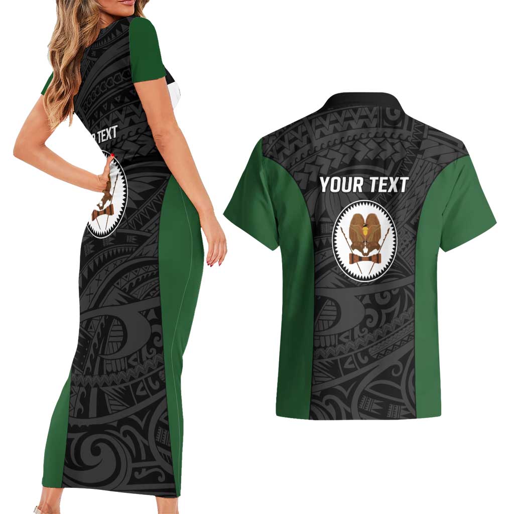 Personalised PNG Western Highlands Province Couples Matching Short Sleeve Bodycon Dress and Hawaiian Shirt Bird of Paradise Tattoo Flag Motif - Polynesian Pride