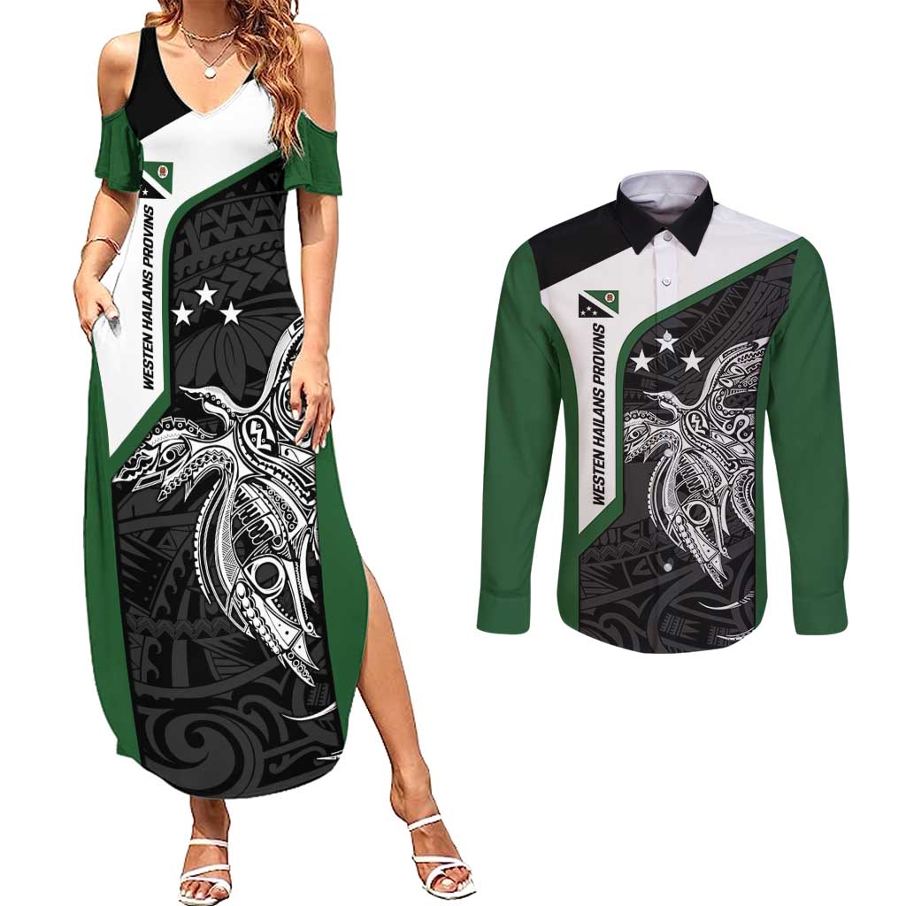 Personalised PNG Western Highlands Province Couples Matching Summer Maxi Dress and Long Sleeve Button Shirt Bird of Paradise Tattoo Flag Motif - Polynesian Pride
