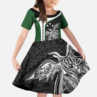 Personalised PNG Western Highlands Province Family Matching Mermaid Dress and Hawaiian Shirt Bird of Paradise Tattoo Flag Motif LT9 Daughter's Dress Green - Polynesian Pride