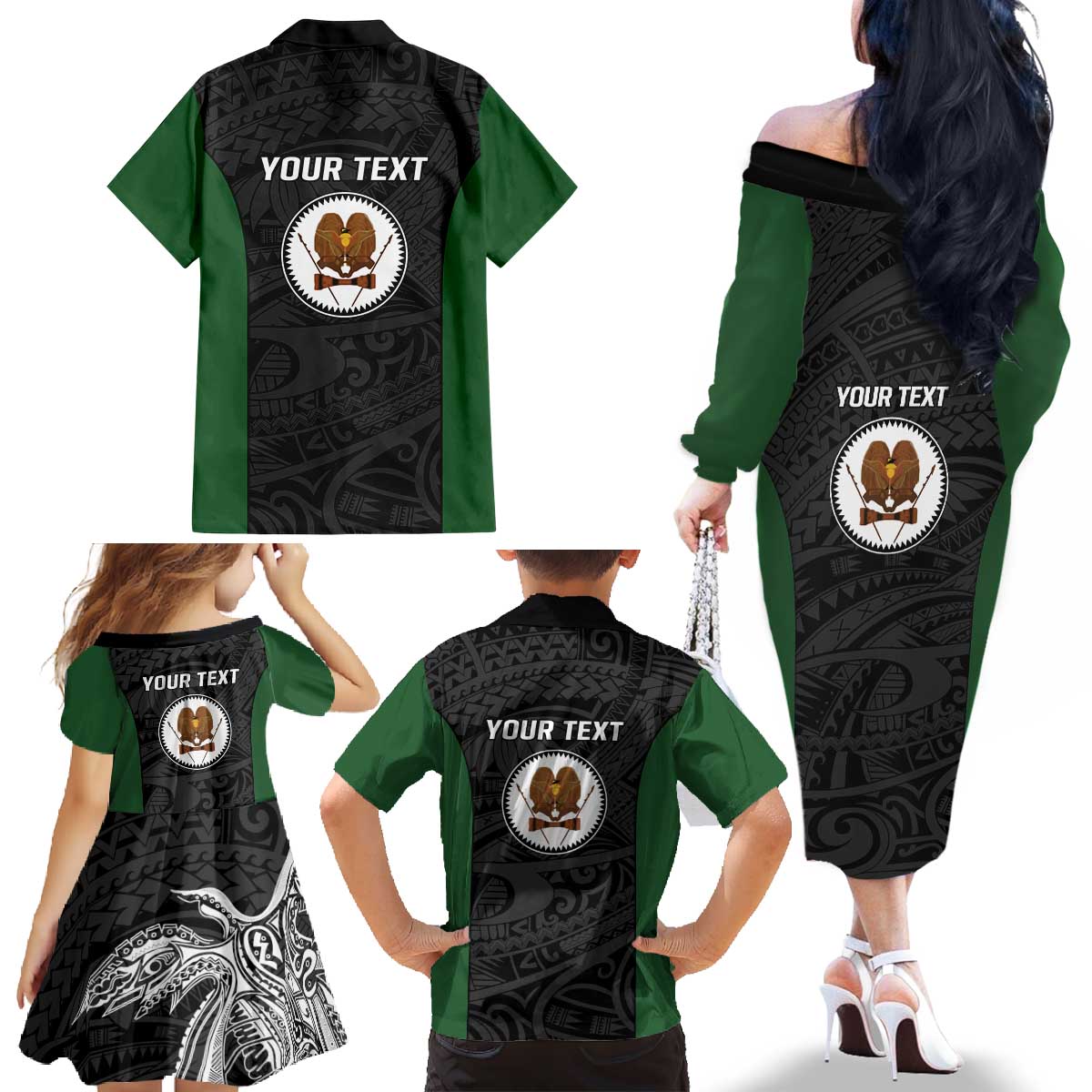 Personalised PNG Western Highlands Province Family Matching Off The Shoulder Long Sleeve Dress and Hawaiian Shirt Bird of Paradise Tattoo Flag Motif - Polynesian Pride