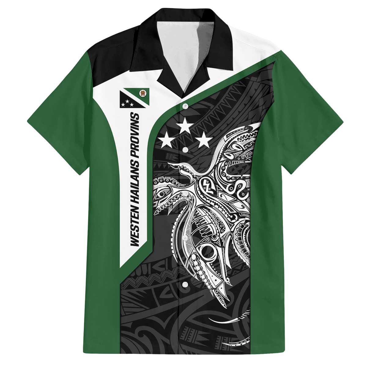 Personalised PNG Western Highlands Province Family Matching Off The Shoulder Long Sleeve Dress and Hawaiian Shirt Bird of Paradise Tattoo Flag Motif - Polynesian Pride