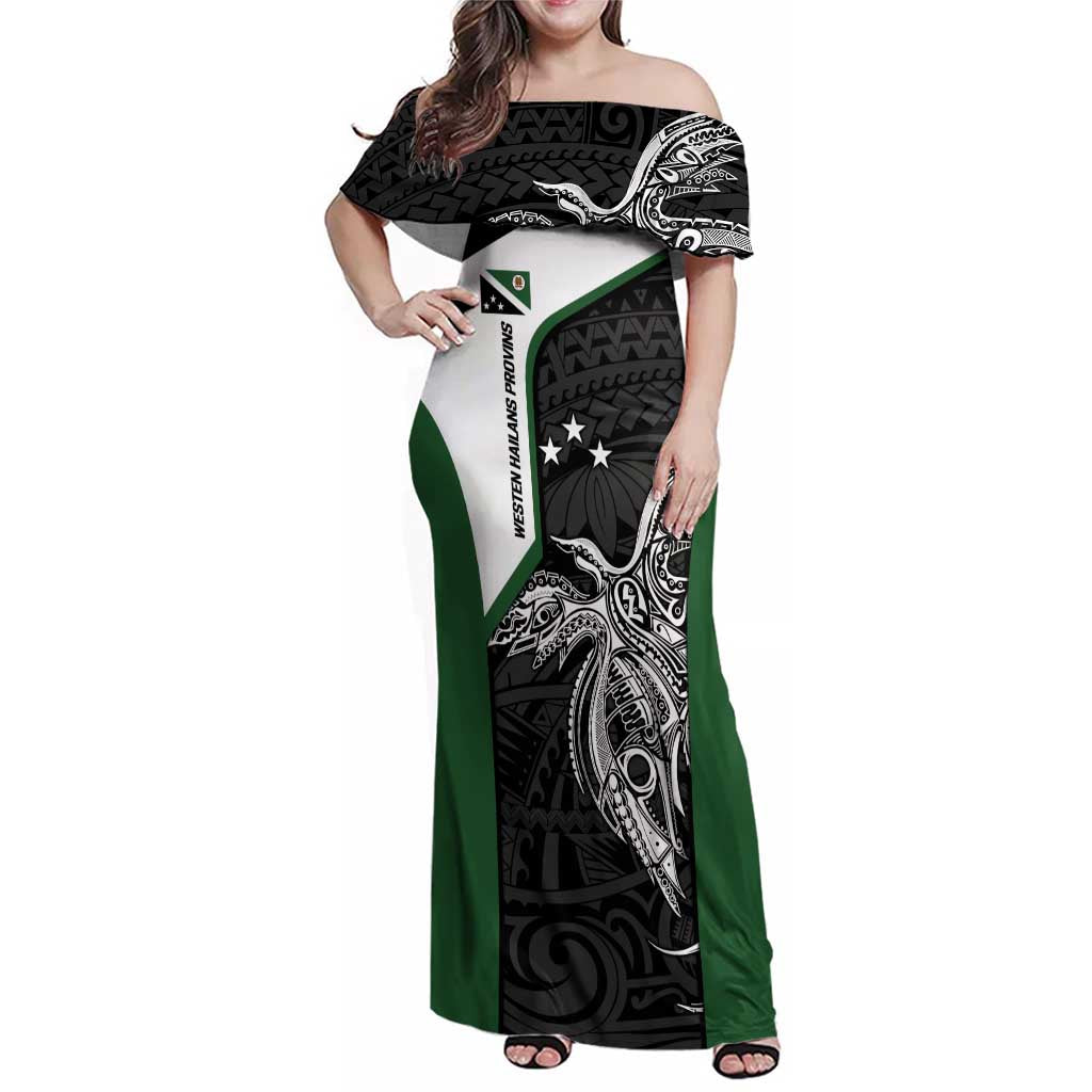 Personalised PNG Western Highlands Province Family Matching Off Shoulder Maxi Dress and Hawaiian Shirt Bird of Paradise Tattoo Flag Motif - Polynesian Pride