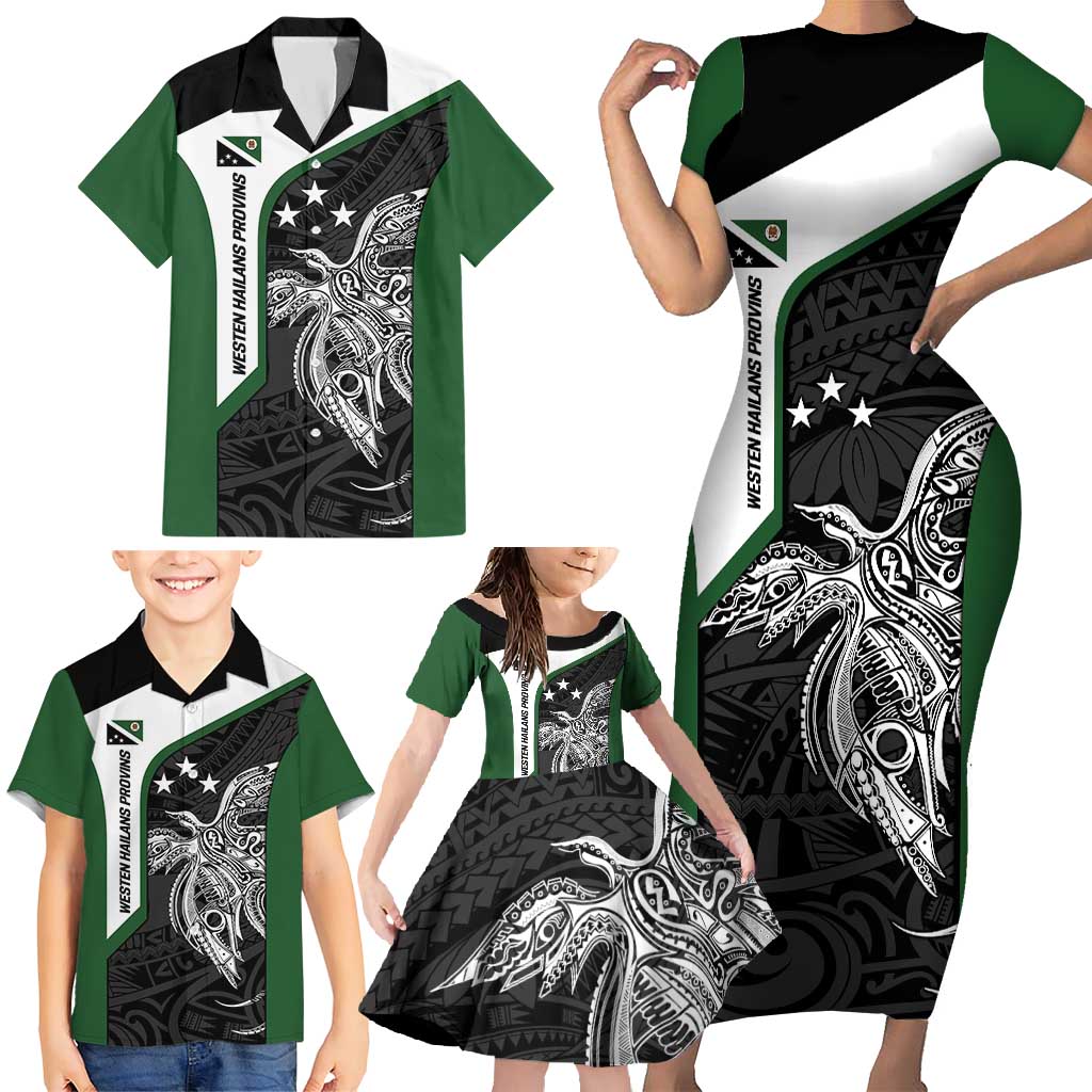 Personalised PNG Western Highlands Province Family Matching Short Sleeve Bodycon Dress and Hawaiian Shirt Bird of Paradise Tattoo Flag Motif LT9 - Polynesian Pride