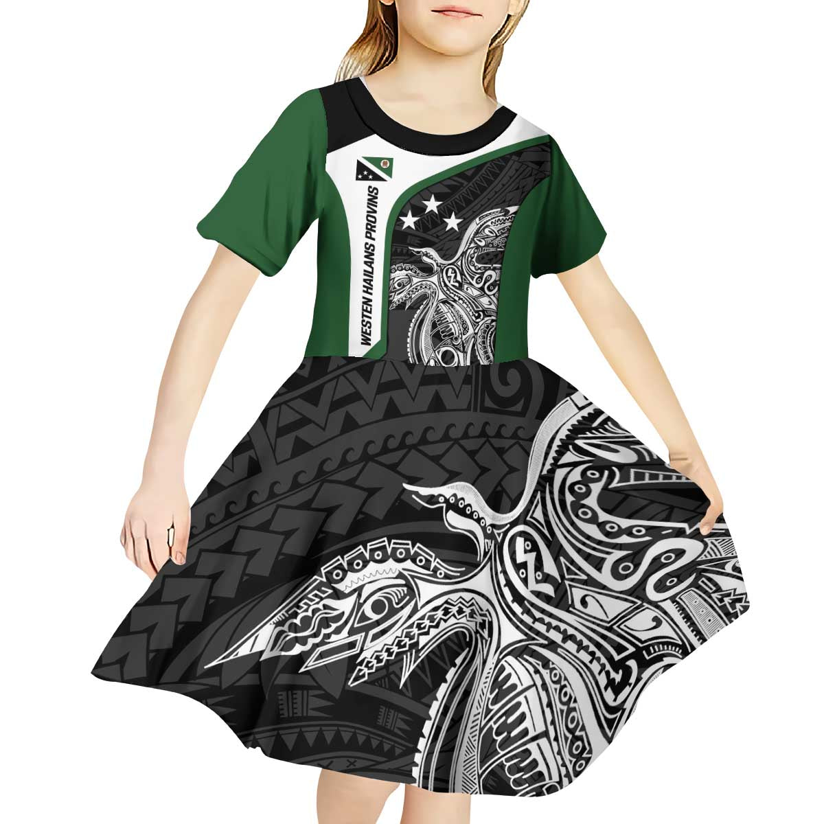 Personalised PNG Western Highlands Province Kid Short Sleeve Dress Bird of Paradise Tattoo Flag Motif - Polynesian Pride