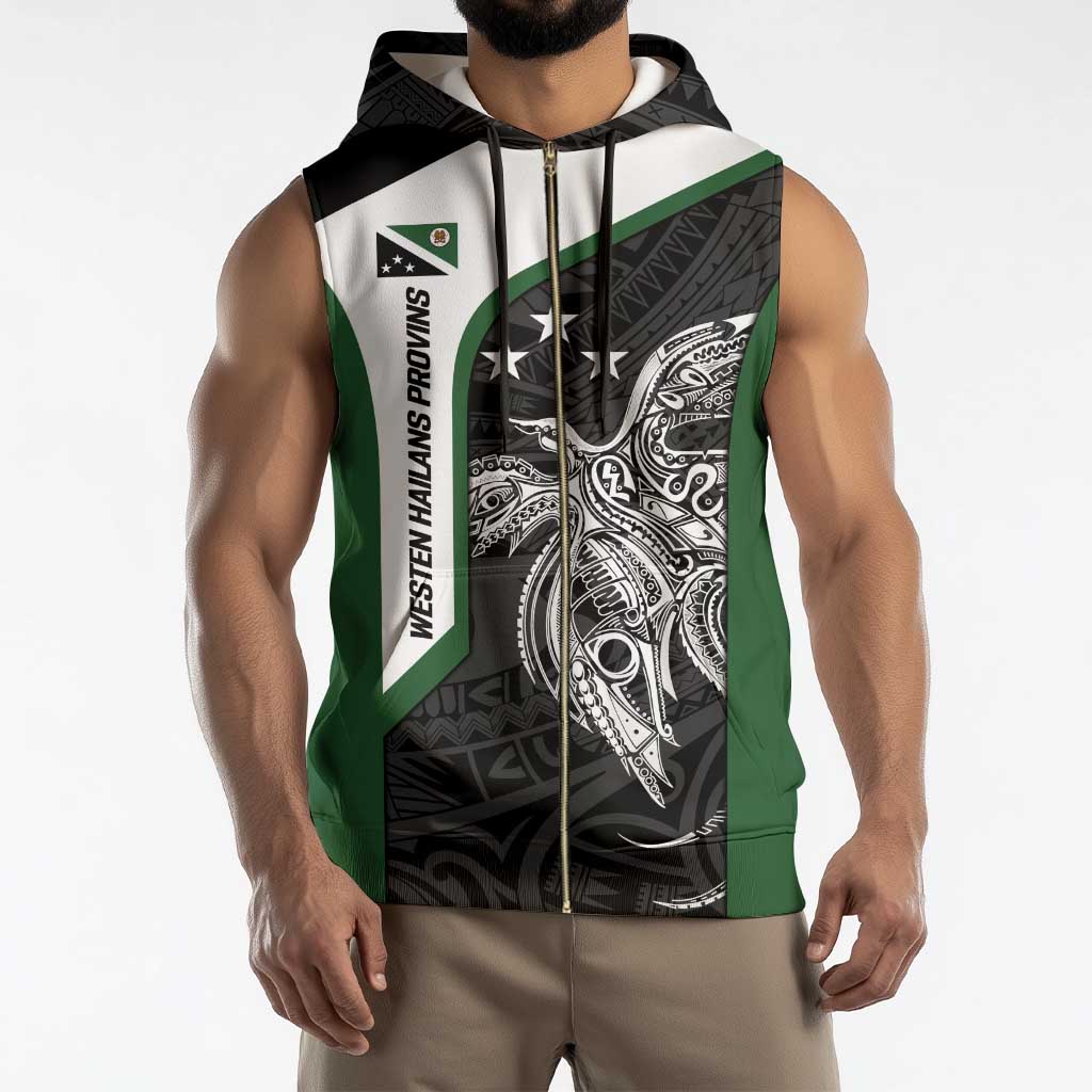 Personalised PNG Western Highlands Province Sleeveless Zip Hoodie Bird of Paradise Tattoo Flag Motif - Polynesian Pride