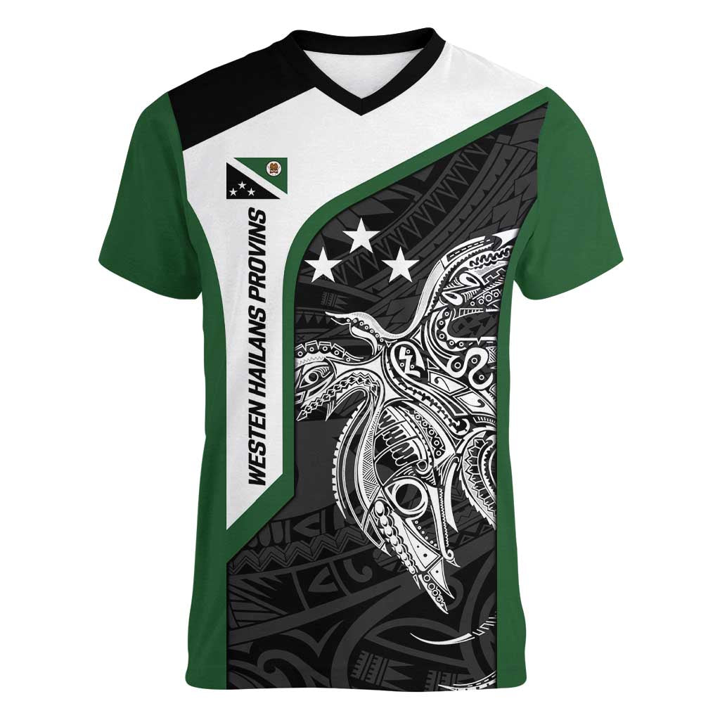 Personalised PNG Western Highlands Province Women V-Neck T-Shirt Bird of Paradise Tattoo Flag Motif - Polynesian Pride