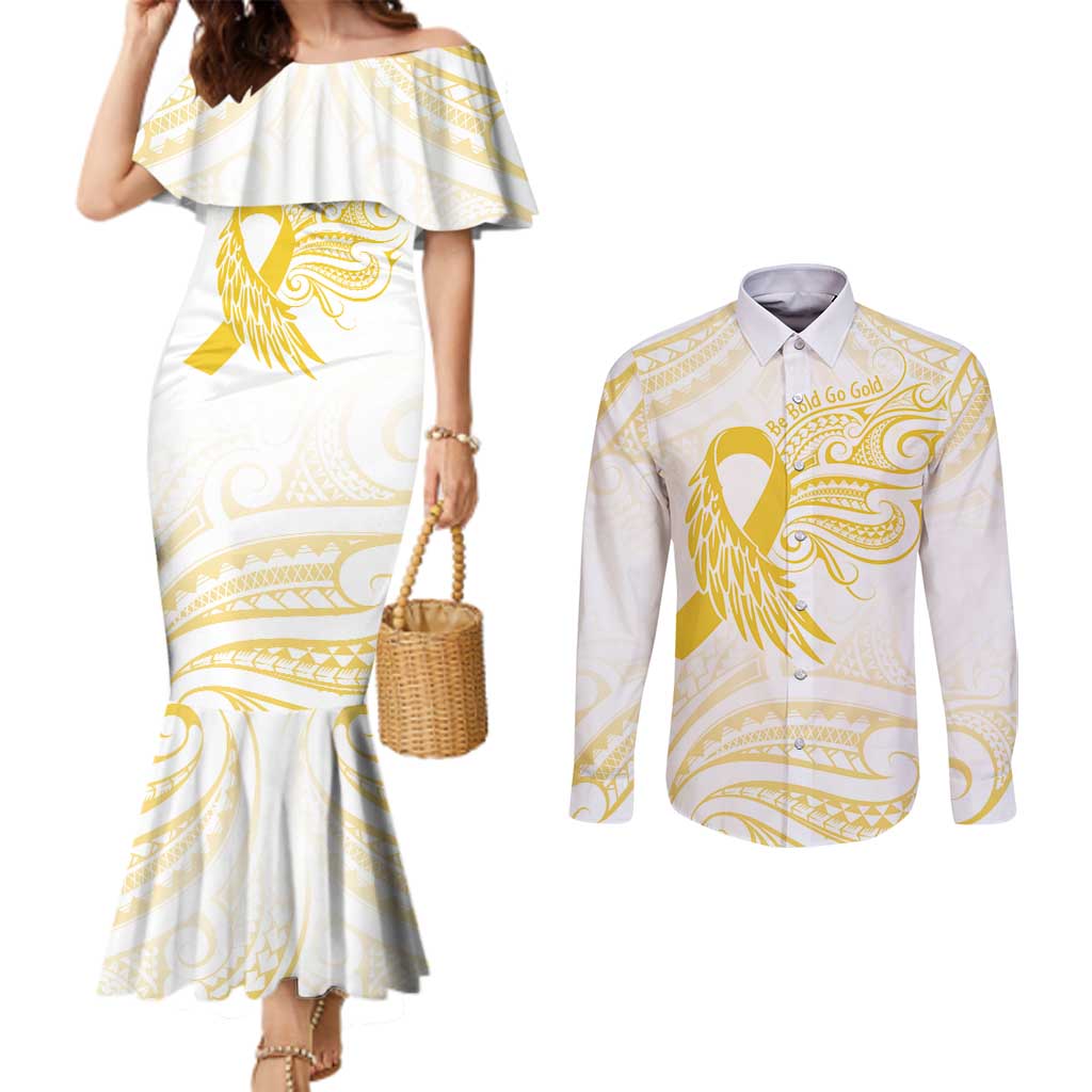 Be Bold Go Gold Polyneisan Ribbon Childhood Personalised Couples Matching Mermaid Dress and Long Sleeve Button Shirt