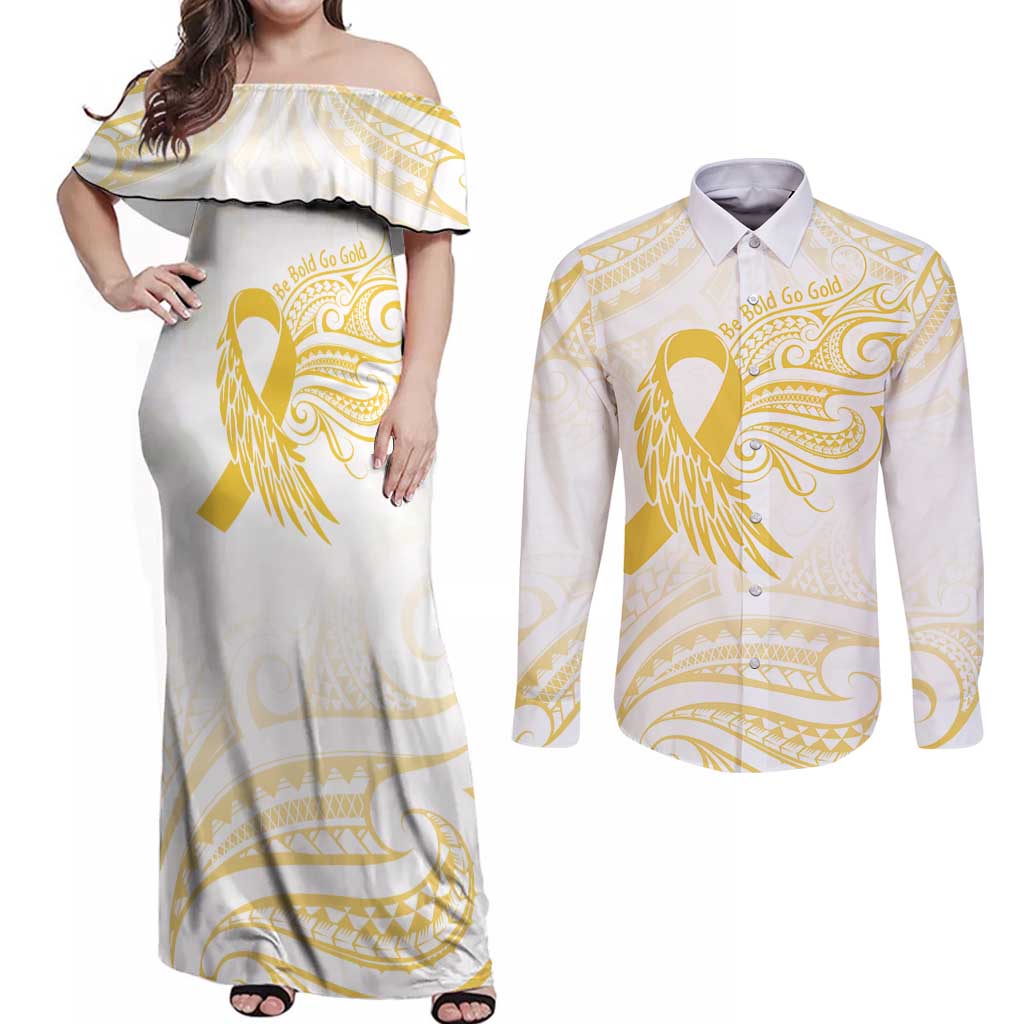 Be Bold Go Gold Polyneisan Ribbon Childhood Personalised Couples Matching Off Shoulder Maxi Dress and Long Sleeve Button Shirt