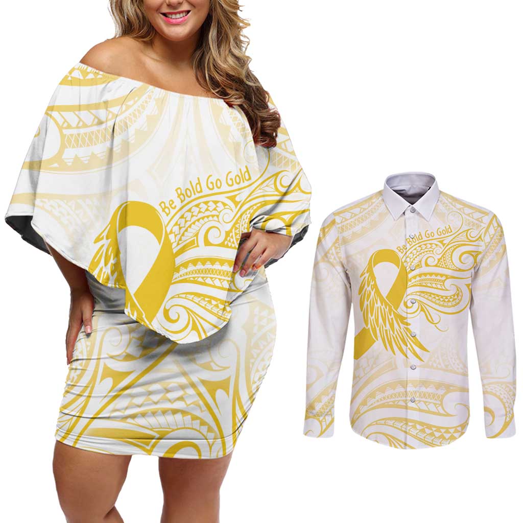 Be Bold Go Gold Polyneisan Ribbon Childhood Personalised Couples Matching Off Shoulder Short Dress and Long Sleeve Button Shirt