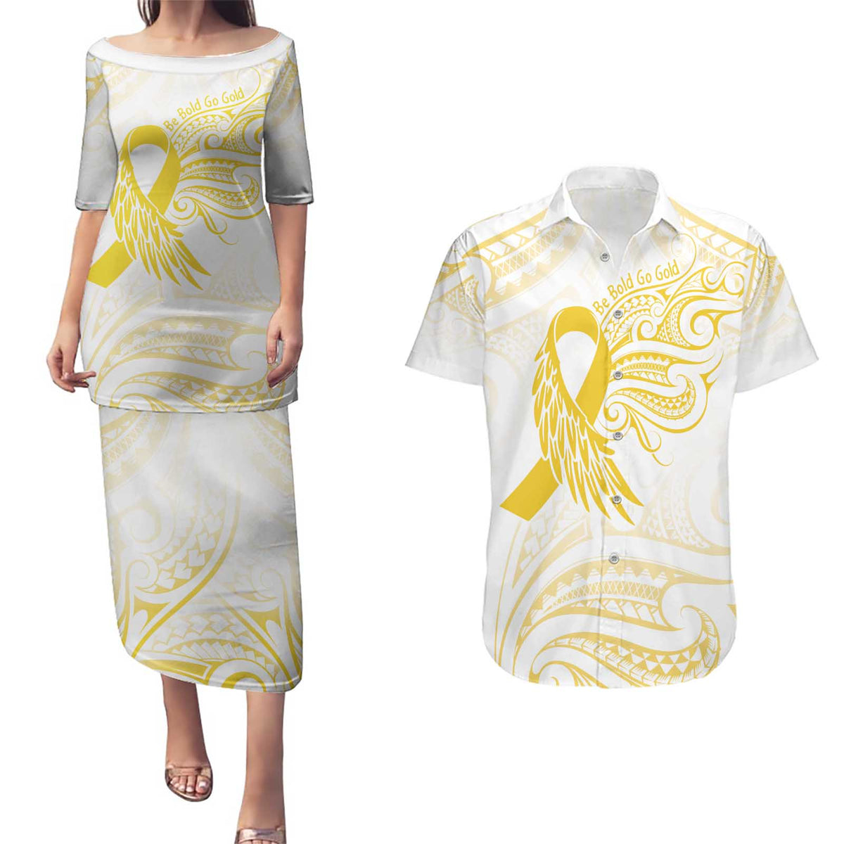 Be Bold Go Gold Polyneisan Ribbon Childhood Personalised Couples Matching Puletasi and Hawaiian Shirt
