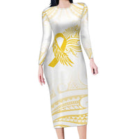 Be Bold Go Gold Polyneisan Ribbon Childhood Personalised Family Matching Long Sleeve Bodycon Dress and Hawaiian Shirt LT9 Mom's Dress Gold - Polynesian Pride