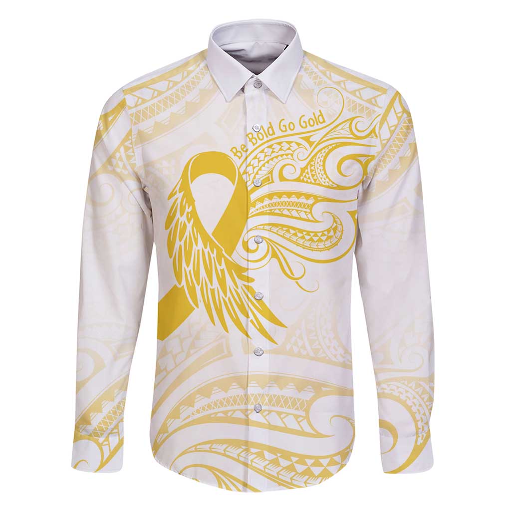 Be Bold Go Gold Polyneisan Ribbon Childhood Personalised Family Matching Mermaid Dress and Hawaiian Shirt LT9 Dad's Shirt - Long Sleeve Gold - Polynesian Pride
