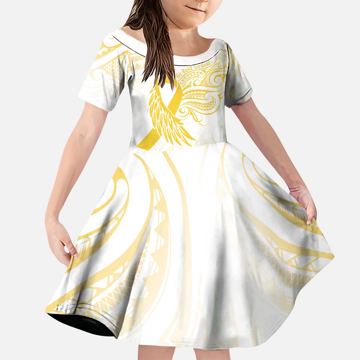 Be Bold Go Gold Polyneisan Ribbon Childhood Personalised Family Matching Puletasi and Hawaiian Shirt LT9 Daughter's Dress Gold - Polynesian Pride