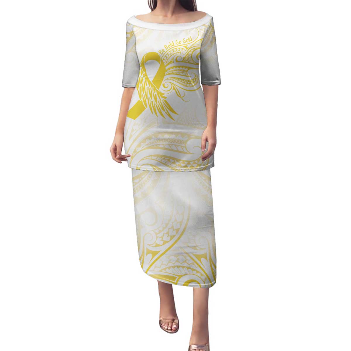 Be Bold Go Gold Polyneisan Ribbon Childhood Personalised Family Matching Puletasi and Hawaiian Shirt LT9 Mom's Dress Gold - Polynesian Pride