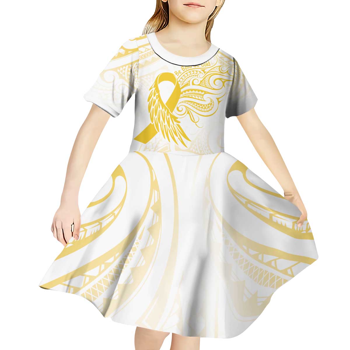 Be Bold Go Gold Polyneisan Ribbon Childhood Personalised Kid Short Sleeve Dress