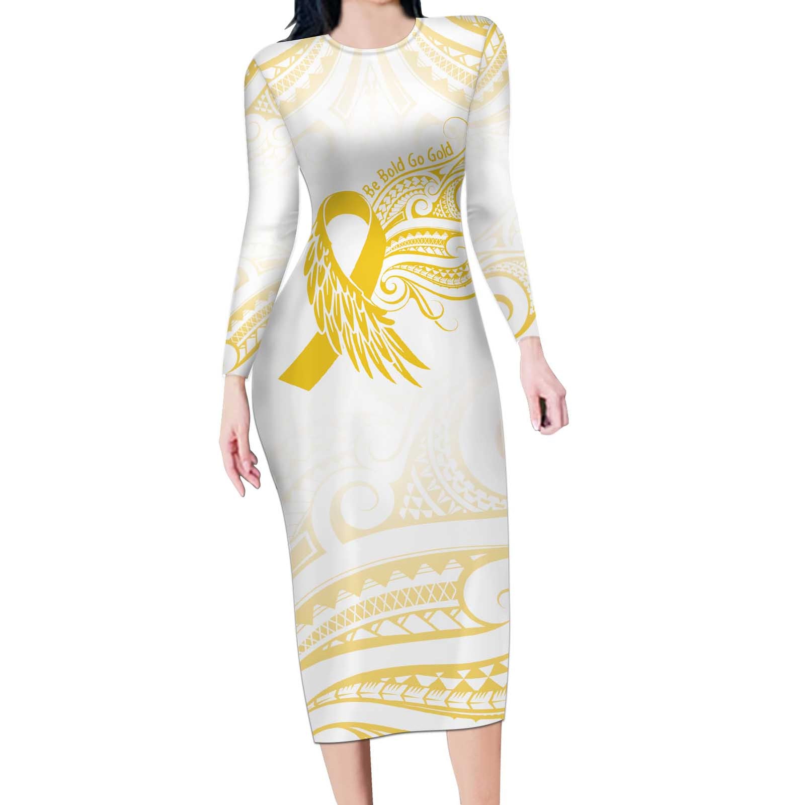 Be Bold Go Gold Polyneisan Ribbon Childhood Personalised Long Sleeve Bodycon Dress LT9 Long Dress Gold - Polynesian Pride