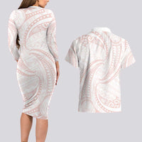 White Sunday Lotu Tamaiti Couples Matching Long Sleeve Bodycon Dress and Hawaiian Shirt Polynesian Wave Pastel Blush - Polynesian Pride