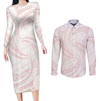 White Sunday Lotu Tamaiti Couples Matching Long Sleeve Bodycon Dress and Long Sleeve Button Shirt Polynesian Wave Pastel Blush - Polynesian Pride