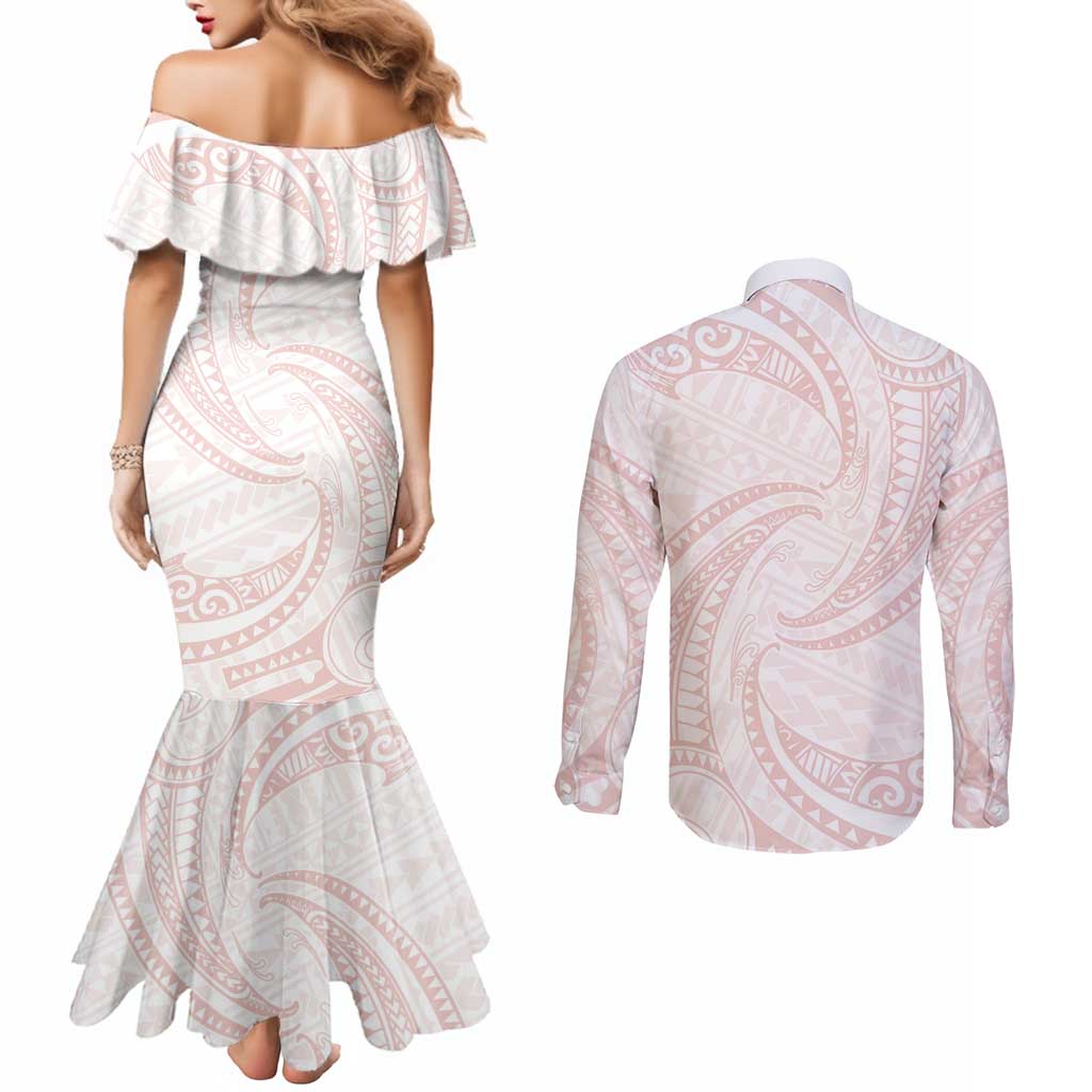 White Sunday Lotu Tamaiti Couples Matching Mermaid Dress and Long Sleeve Button Shirt Polynesian Wave Pastel Blush - Polynesian Pride