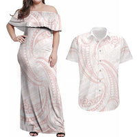 White Sunday Lotu Tamaiti Couples Matching Off Shoulder Maxi Dress and Hawaiian Shirt Polynesian Wave Pastel Blush - Polynesian Pride