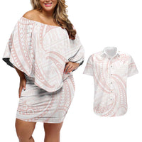 White Sunday Lotu Tamaiti Couples Matching Off Shoulder Short Dress and Hawaiian Shirt Polynesian Wave Pastel Blush - Polynesian Pride