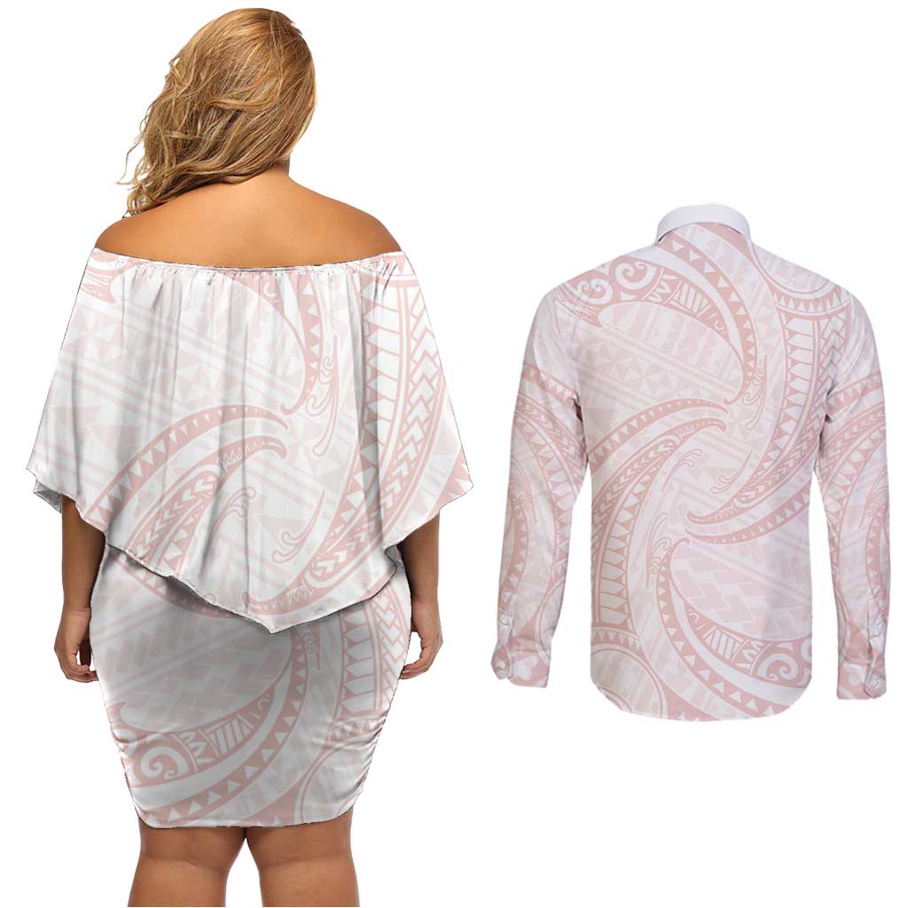White Sunday Lotu Tamaiti Couples Matching Off Shoulder Short Dress and Long Sleeve Button Shirt Polynesian Wave Pastel Blush - Polynesian Pride