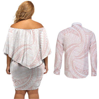 White Sunday Lotu Tamaiti Couples Matching Off Shoulder Short Dress and Long Sleeve Button Shirt Polynesian Wave Pastel Blush - Polynesian Pride