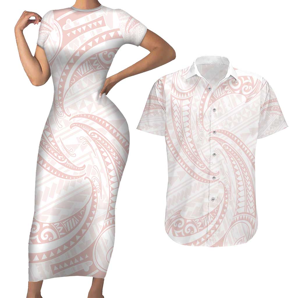 White Sunday Lotu Tamaiti Couples Matching Short Sleeve Bodycon Dress and Hawaiian Shirt Polynesian Wave Pastel Blush - Polynesian Pride