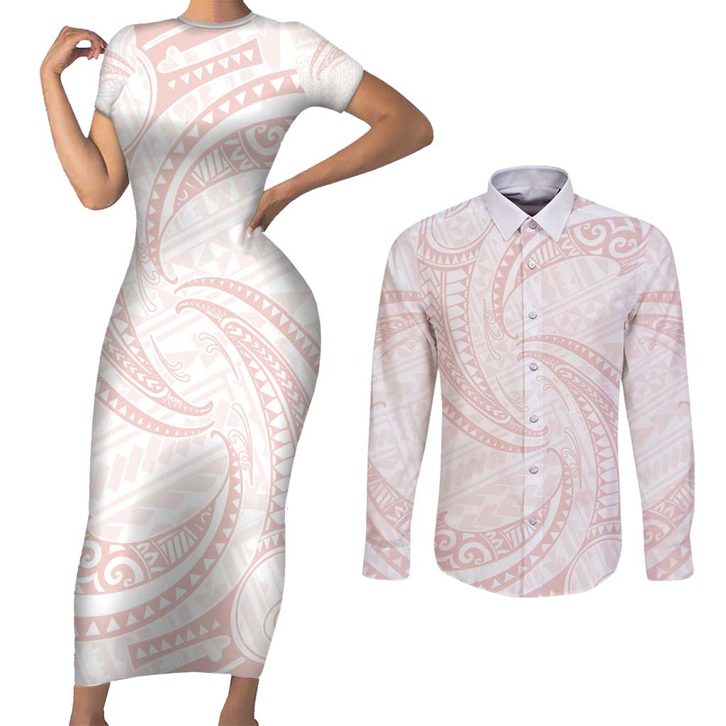 White Sunday Lotu Tamaiti Couples Matching Short Sleeve Bodycon Dress and Long Sleeve Button Shirt Polynesian Wave Pastel Blush - Polynesian Pride