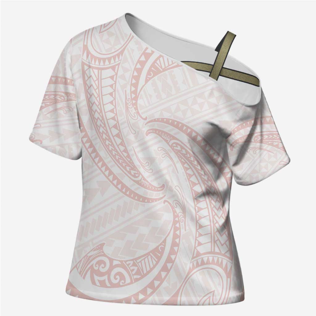 White Sunday Lotu Tamaiti Cross Shoulder Shirt Polynesian Wave Pastel Blush - Polynesian Pride
